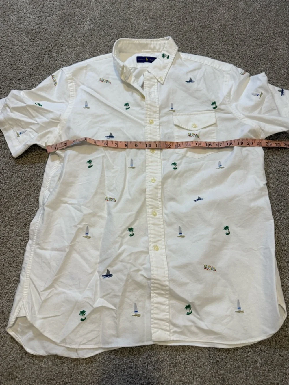 Polo Ralph Lauren Men's White Aloha Embroidered Short Sleeve Button Down Shirt L